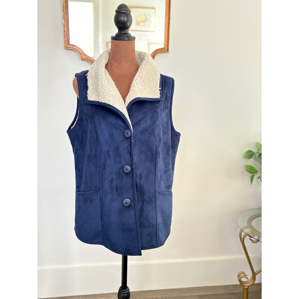 Maxim Studio Vest Womens M Blue Faux‎ Suede Sherpa Lined Sleeveless Jacket